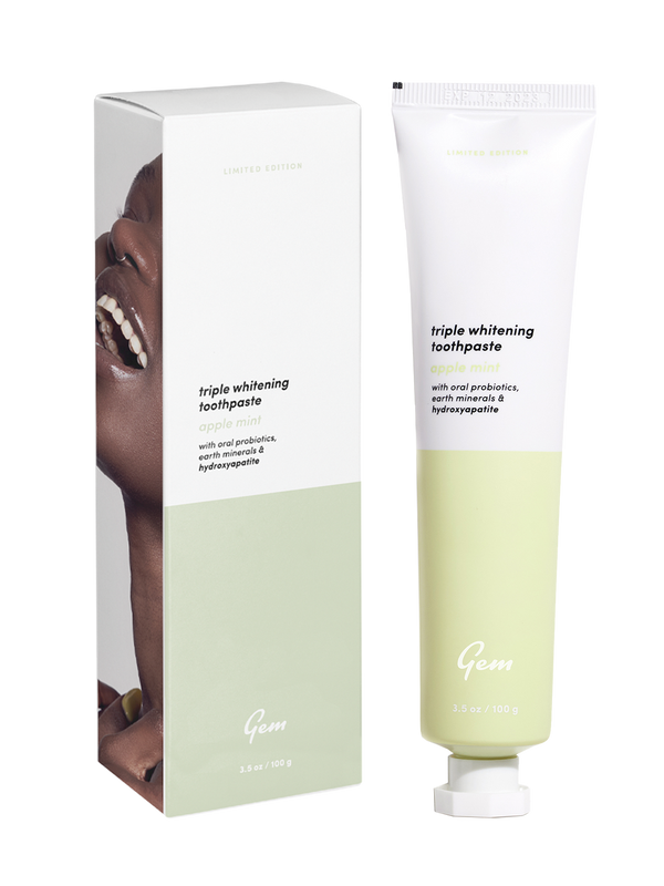 A whitening toothpaste by the Australian oral care brand, Gem. This fluoride-free, mint-flavored toothpaste has hydroxyapatite that works to remove stains and prevent cavities.