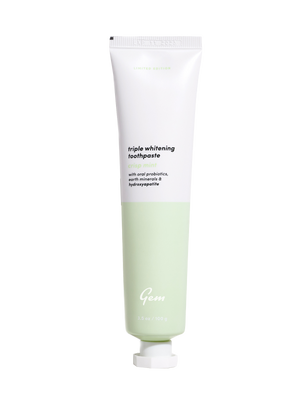 A whitening toothpaste by the Australian oral care brand, Gem. This fluoride-free, crisp mint-flavored toothpaste has hydroxyapatite that works to remove stains and prevent cavities.