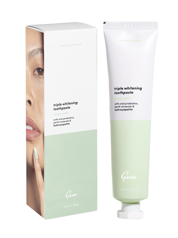 A whitening toothpaste by the Australian oral care brand, Gem. This fluoride-free, crisp mint-flavored toothpaste has hydroxyapatite that works to remove stains and prevent cavities.